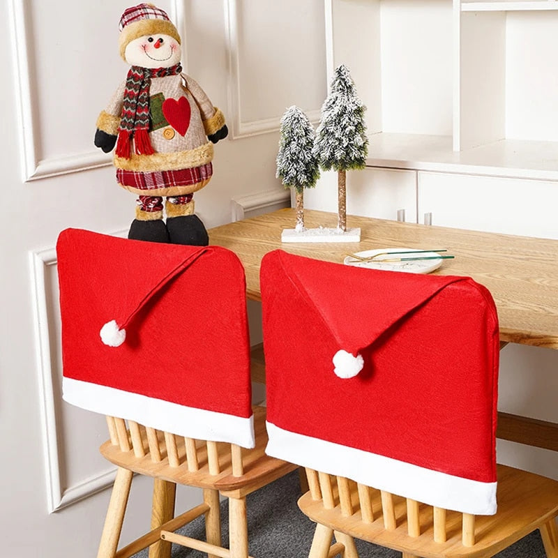 Christmas Chair Covers with Santa Hat Design | Soft Non-Toxic Fabric for Dining and Kitchen | Festive Table Decorations