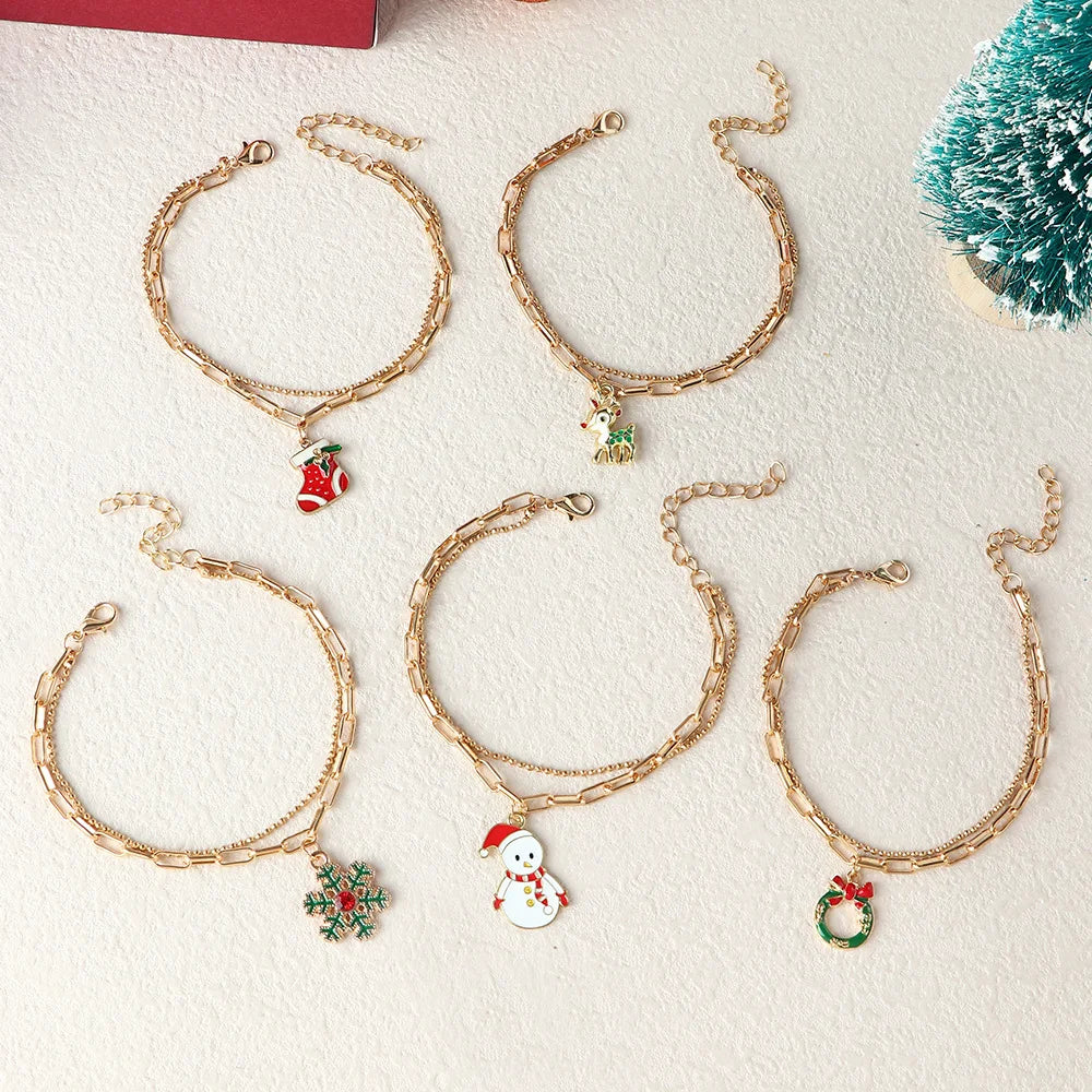 Christmas Charm Bracelet with Snowman, Wreath or Reindeer | Gold-Plated Enamel Festive Jewelry | Adjustable Fit