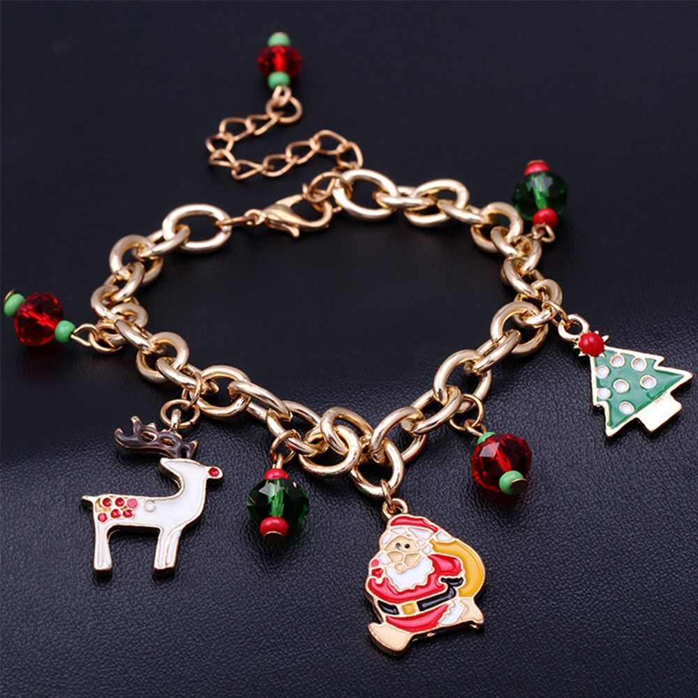 Christmas Charm Bracelet with a Gold-Plated Chain and Rhinestones | Adjustable Length for Most Wrists | Festive Jewelry