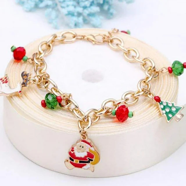 Christmas Charm Bracelet with a Gold-Plated Chain and Rhinestones | Adjustable Length for Most Wrists | Festive Jewelry