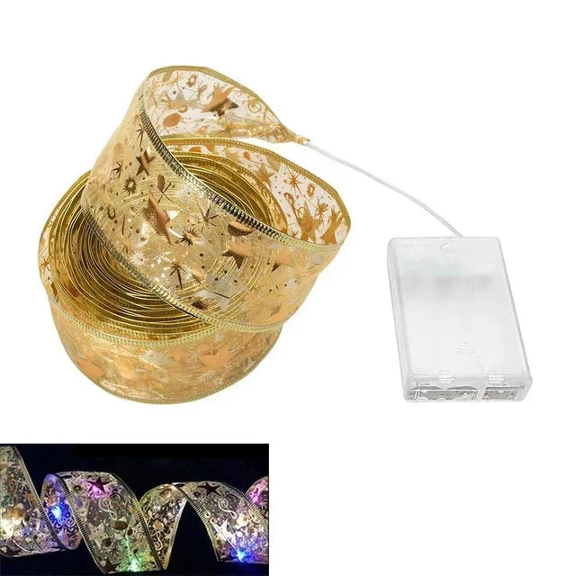 Christmas Tree Ribbon with String Lights in Six Designs | Organza and Gold Glitter Detail | Shapeable Copper Wire