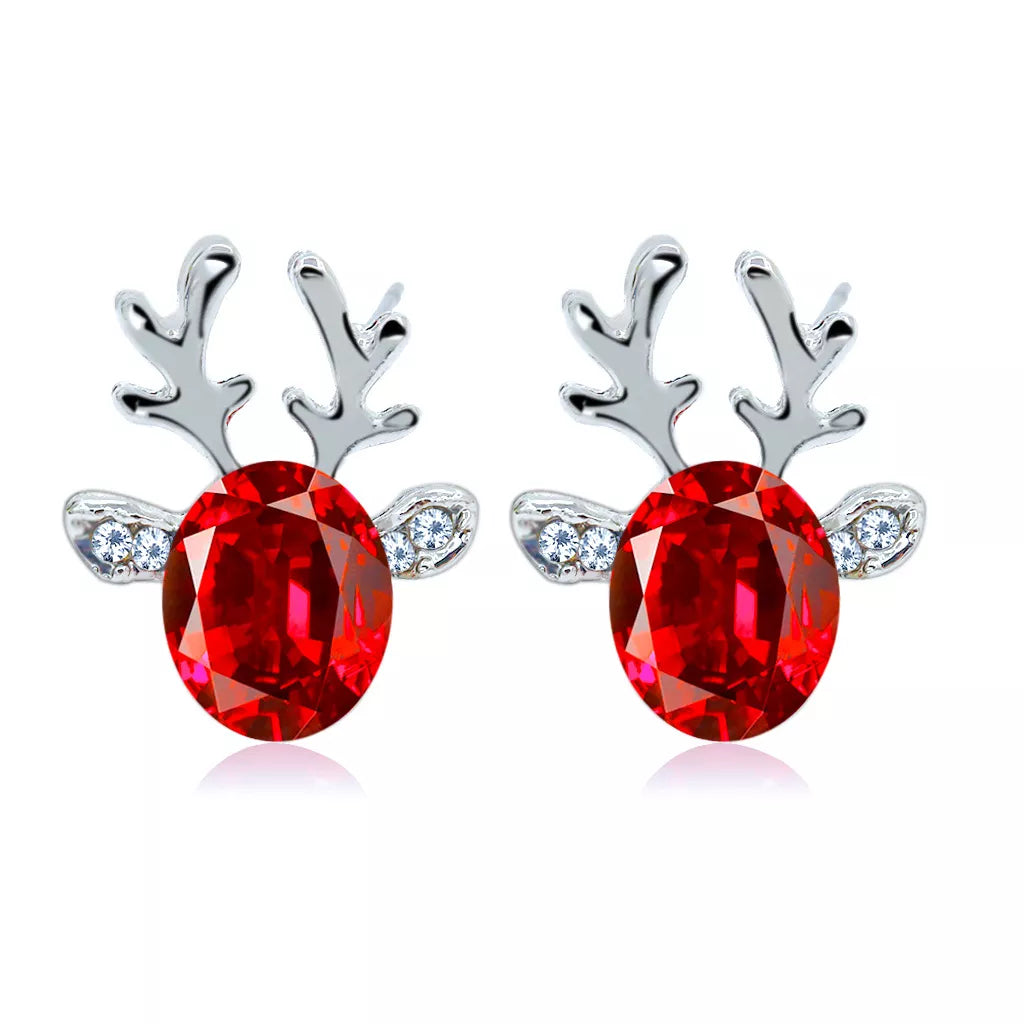Christmas Earrings with Reindeer Antlers and a Colored Stone | Lightweight 1.5 cm Studs with Post Backs | 9 Colors