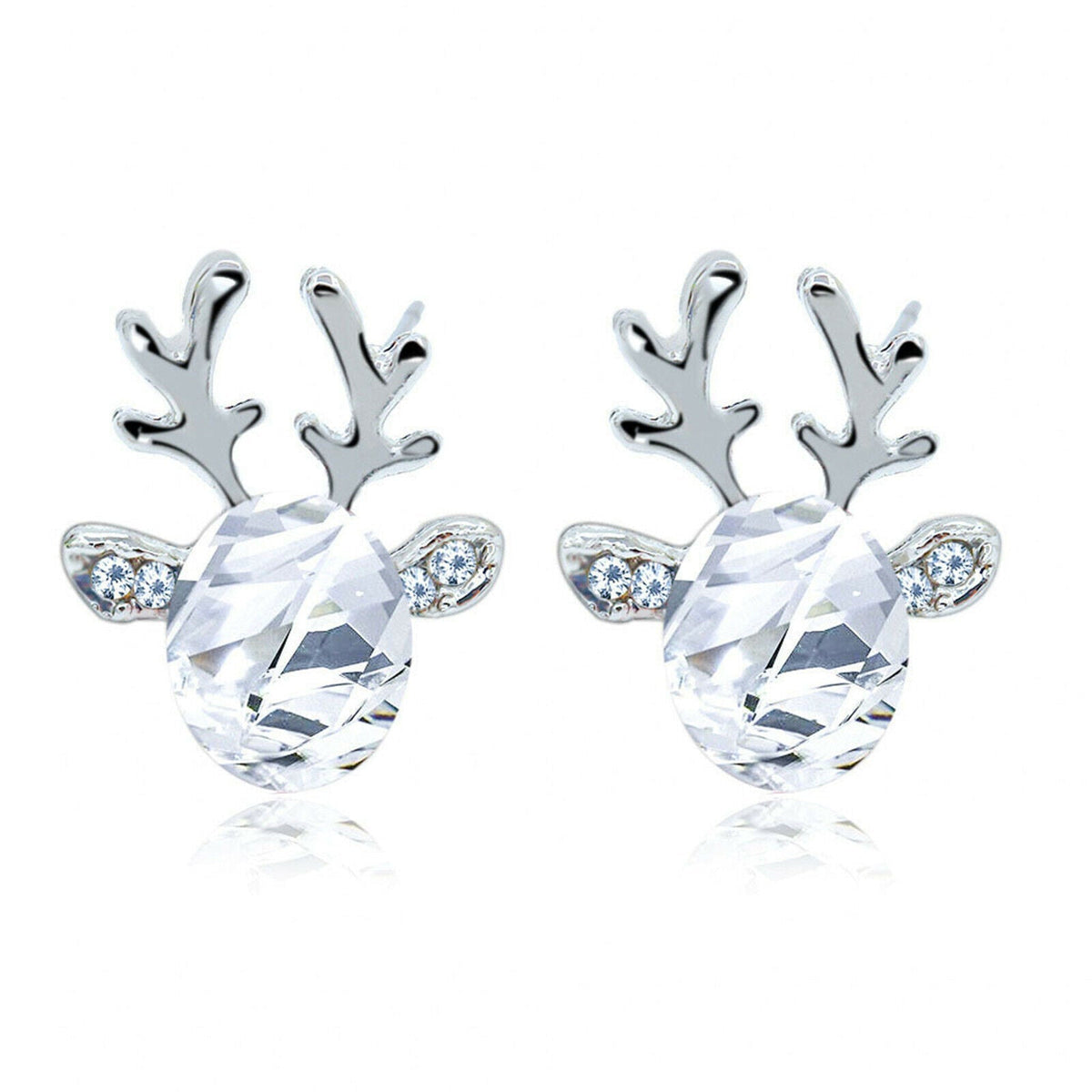 Christmas Earrings with Reindeer Antlers and a Colored Stone | Lightweight 1.5 cm Studs with Post Backs | 9 Colors