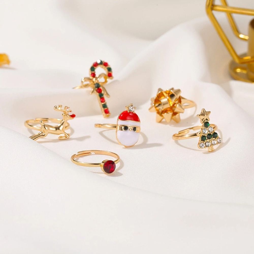 Christmas Ring Set of 8 in Stainless Steel | Adjustable Festive Jewelry with Holiday Motifs | Widths 3 to 4 mm