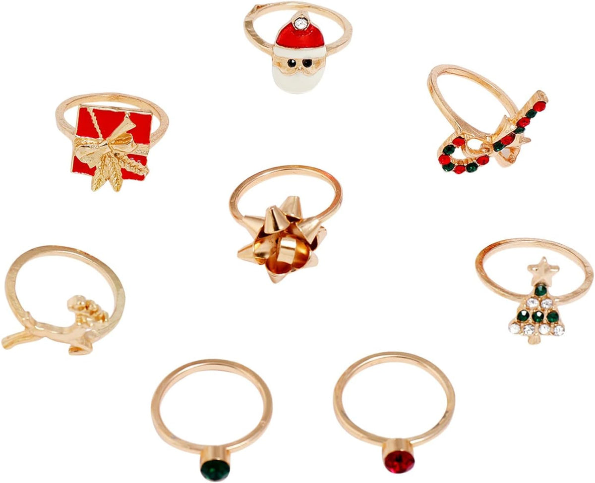 Christmas Ring Set of 8 in Stainless Steel | Adjustable Festive Jewelry with Holiday Motifs | Widths 3 to 4 mm
