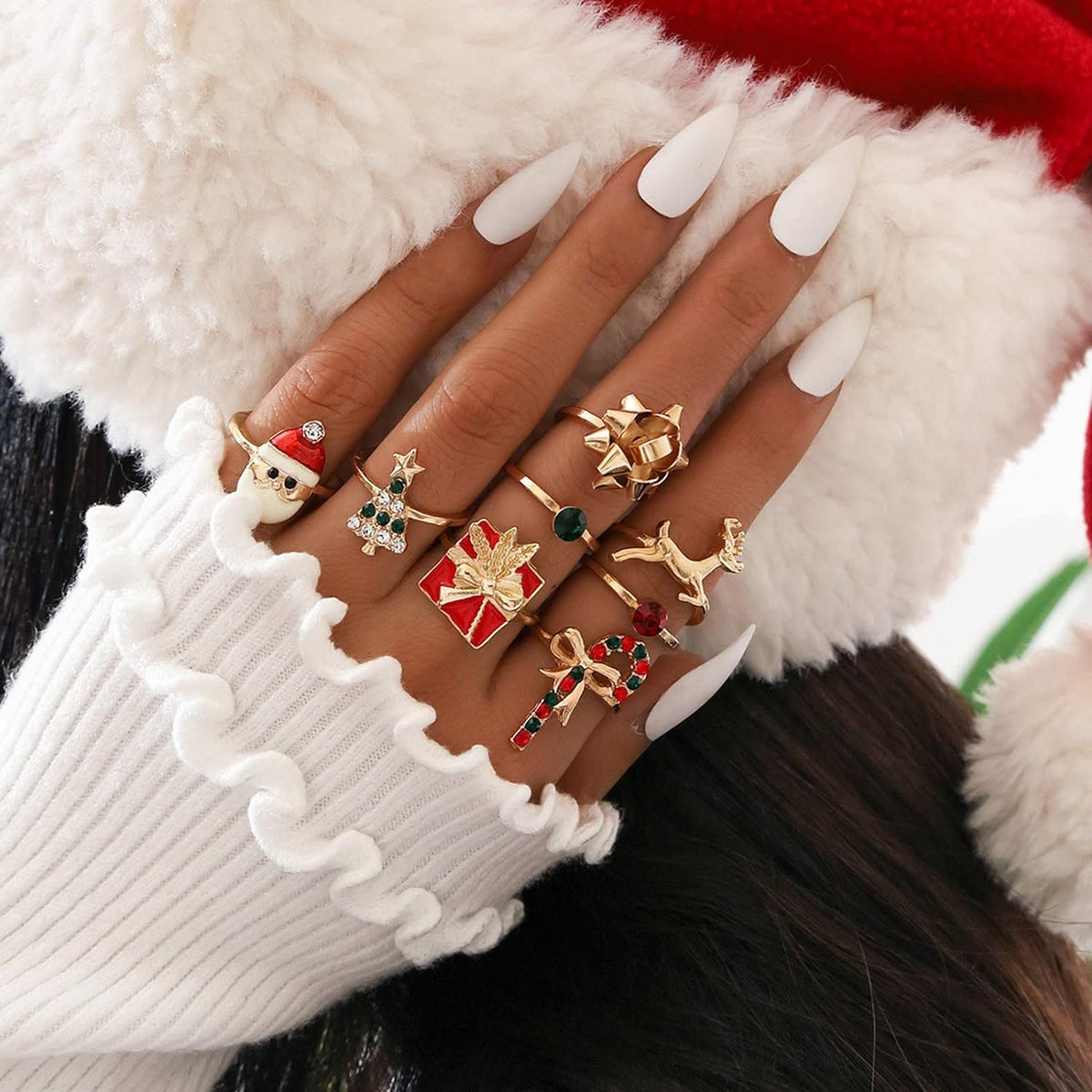 Christmas Ring Set of 8 in Stainless Steel | Adjustable Festive Jewelry with Holiday Motifs | Widths 3 to 4 mm