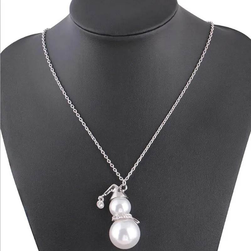 Christmas Snowman Pearl Necklace in Gold or Silver | Festive Stainless Steel Jewelry | Adjustable Lobster Clasp