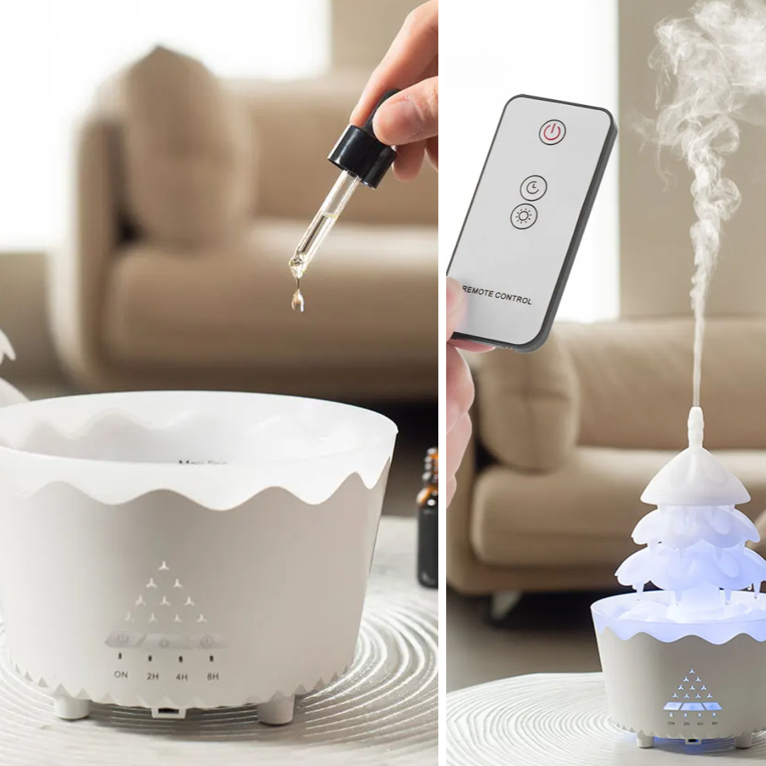 Christmas Tree Aroma Diffuser for Essential Oils | Silent Mist in Red, Wood or White | Festive Tabletop Home Decor