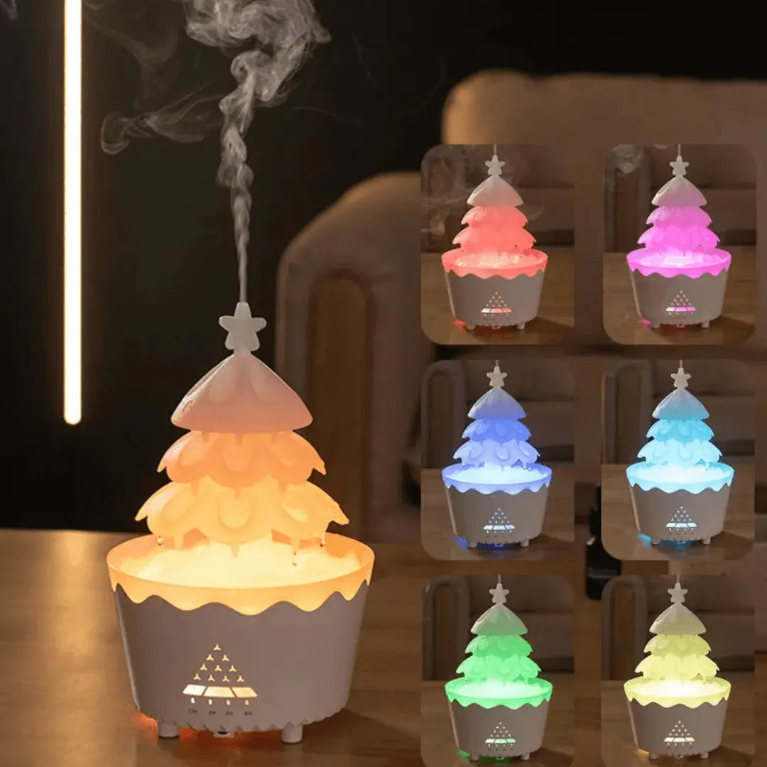 Christmas Tree Aroma Diffuser for Essential Oils | Silent Mist in Red, Wood or White | Festive Tabletop Home Decor