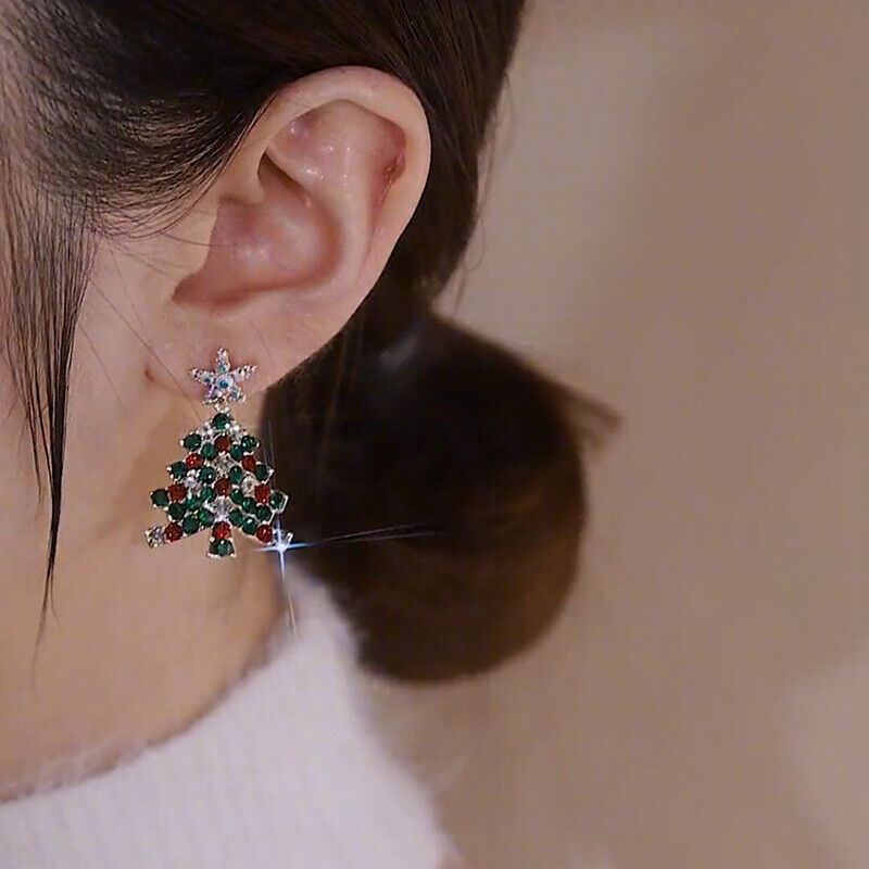 Christmas Tree Dangle Earrings in Clear or Colourful Finish | Festive Stainless Steel Jewelry | 5 cm Hook Drops