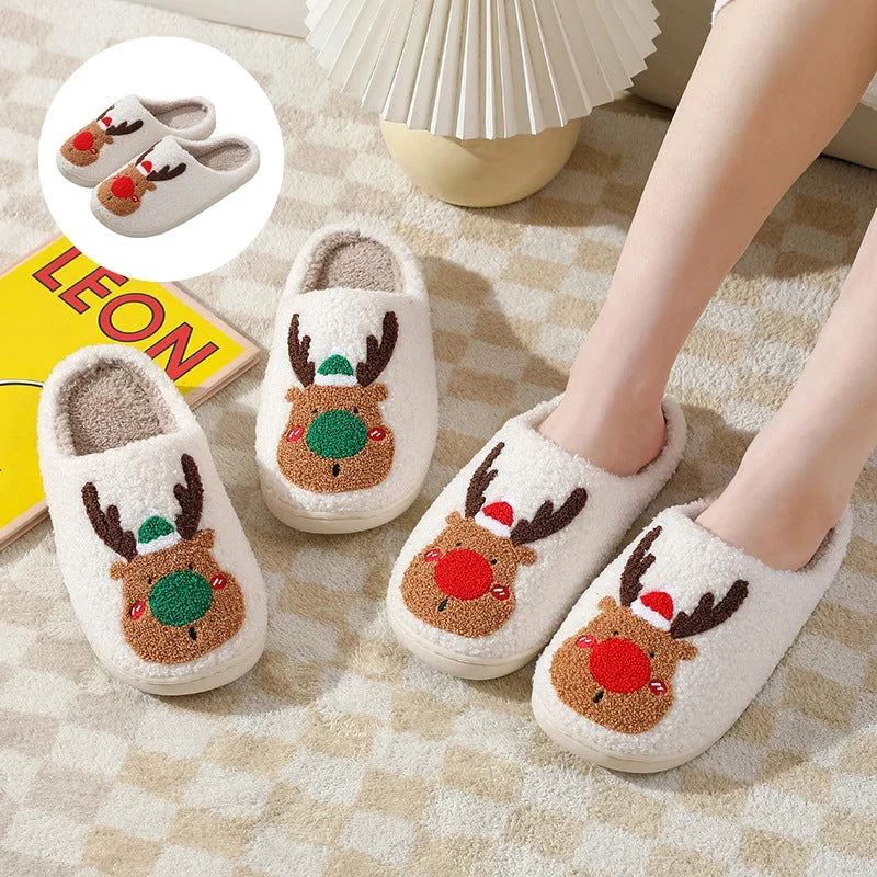 Reindeer Slippers in Soft Plush | Cosy Christmas House Shoes in Red or Green | Festive Holiday Gift for Warm Feet