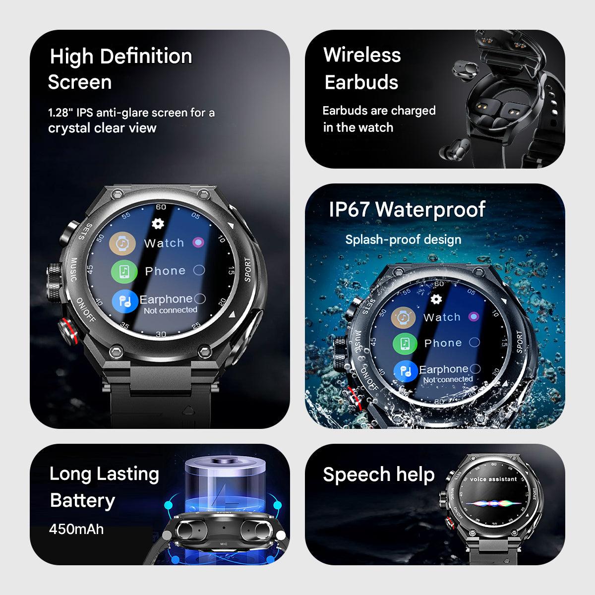 Smart Watch with Wireless Earbuds Docked in the Strap | Bluetooth Calling and Room for 100 Songs | 2 Colors