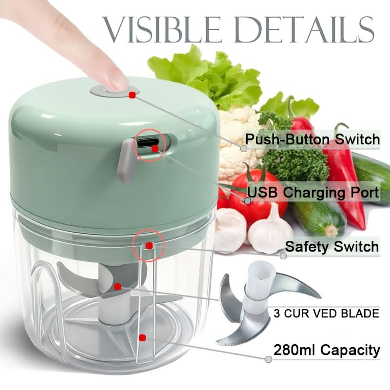 Electric Mini Food Chopper 250ml | USB Rechargeable | Green, White & Pink | One-Touch Chopping for Veggies, Meat & More