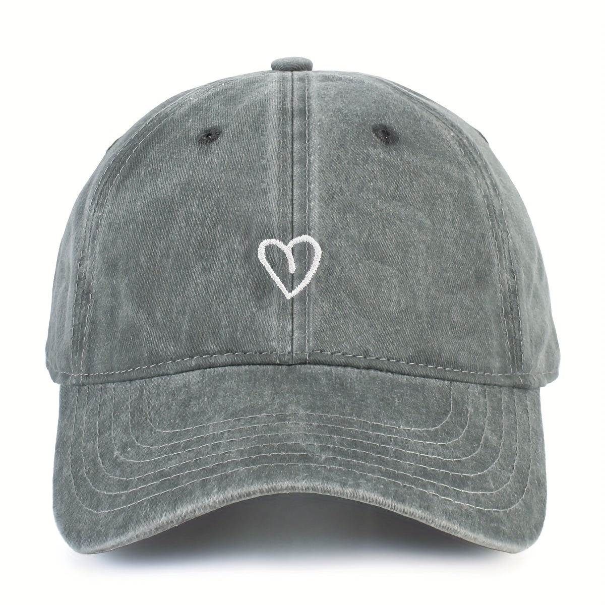 Washed Baseball Cap with an Embroidered Heart | Adjustable Buckle Strap, One Size | Eight Colors in Woven Polyester