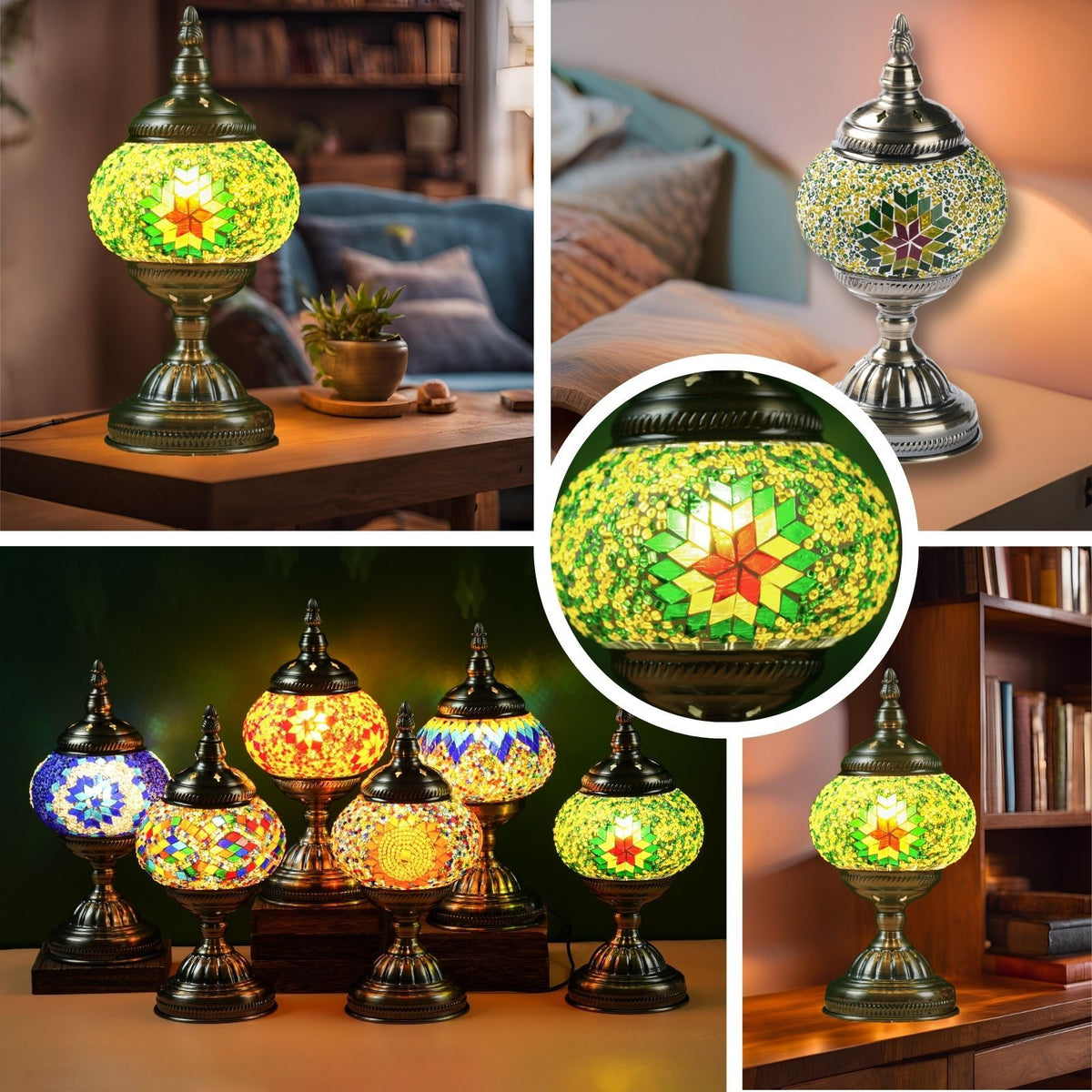Stained glass pumpkin lamp glowing in a dim room