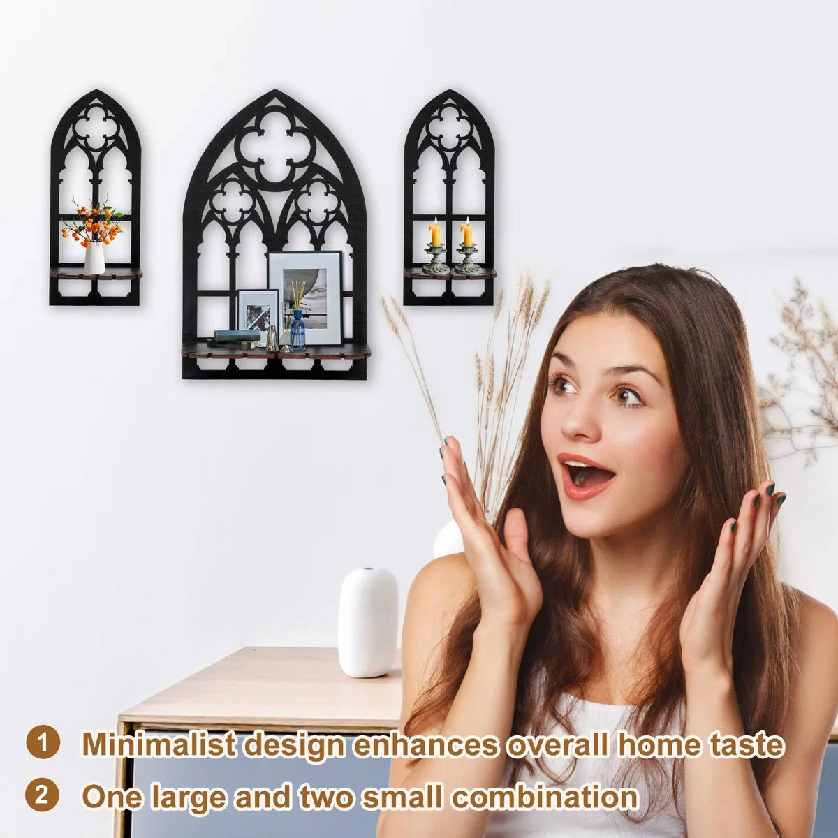 Arched wood wall frames holding crystals and candles