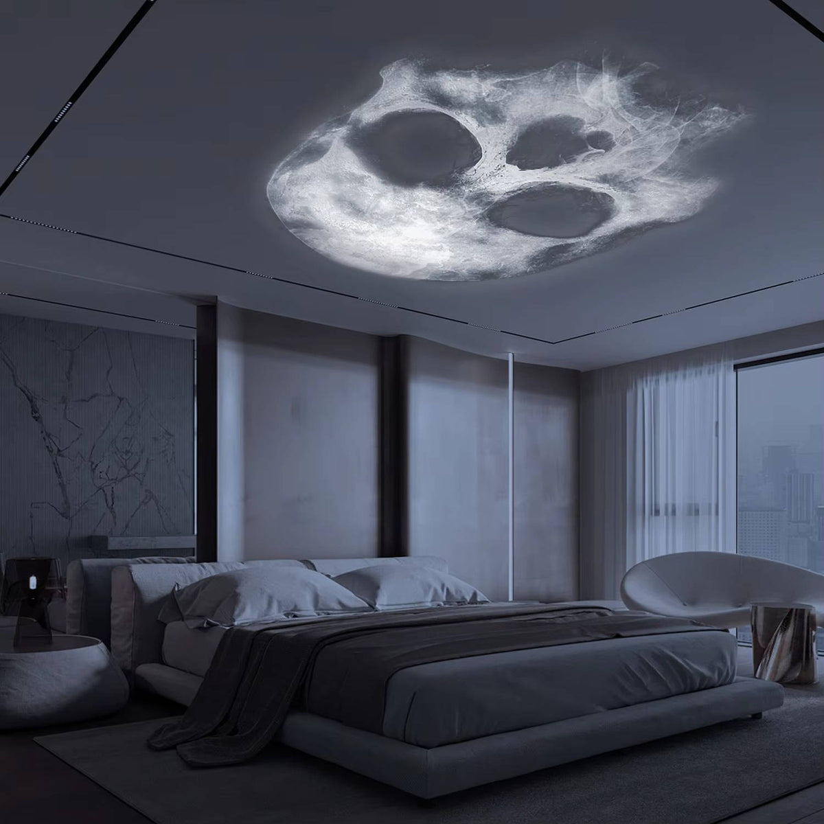 Palm print film projected onto a porch at night