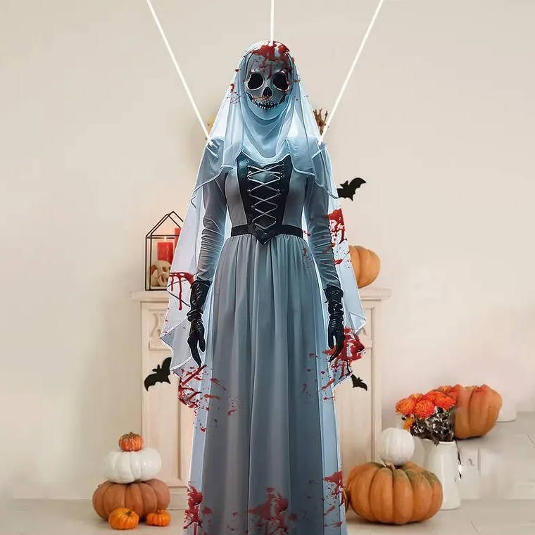 Close view of the tattered veil and blood spatter on the bride decor