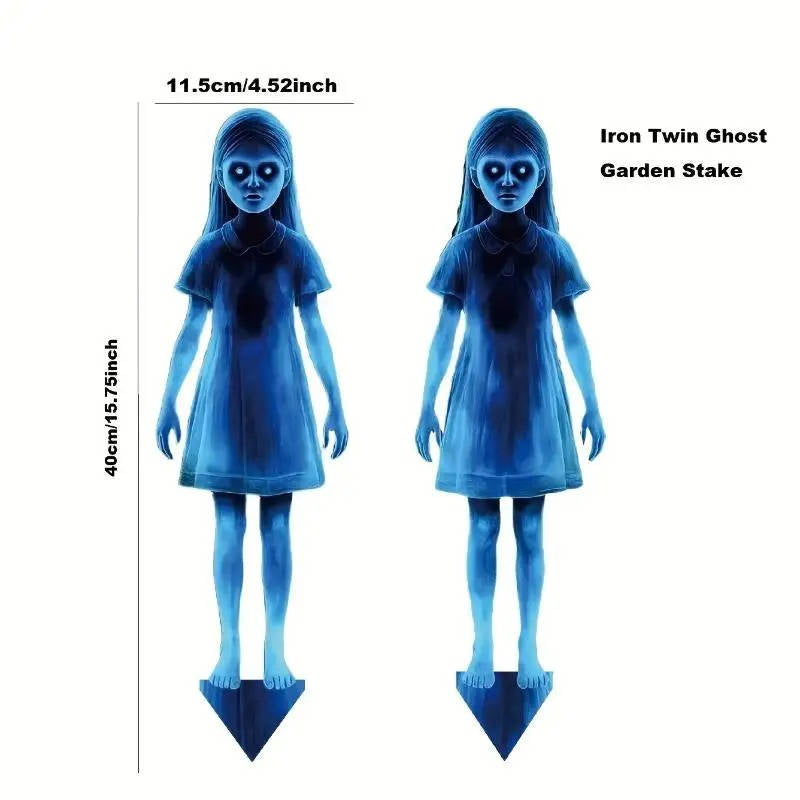 Two ghost stake decorations set up outdoors for Halloween