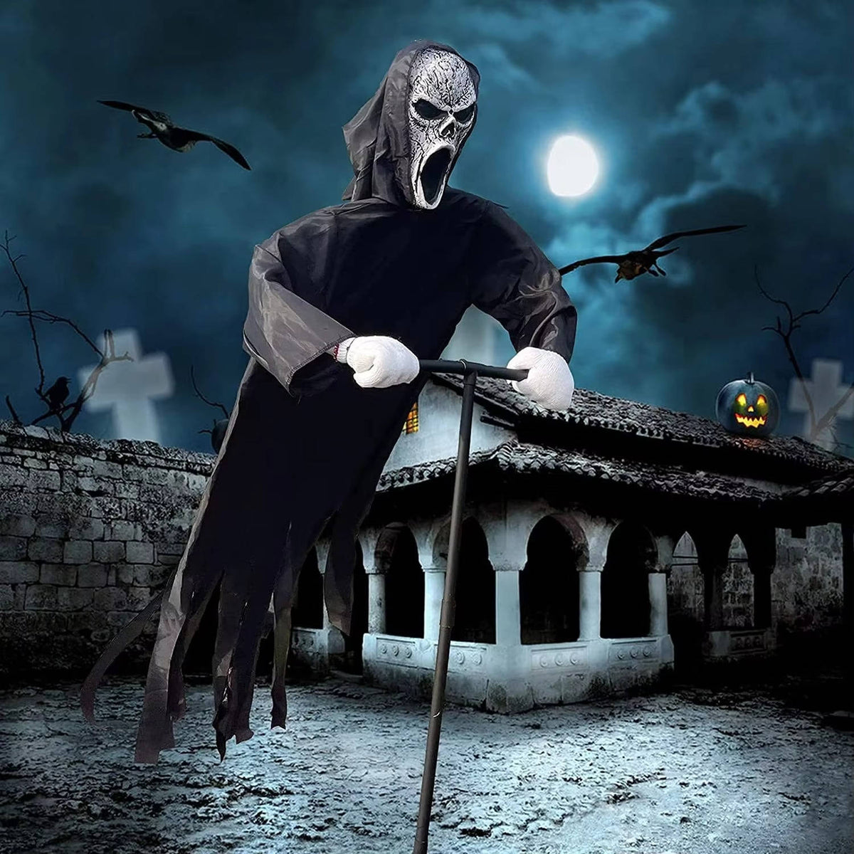 Floating ghost Halloween yard stake decoration standing on a lawn