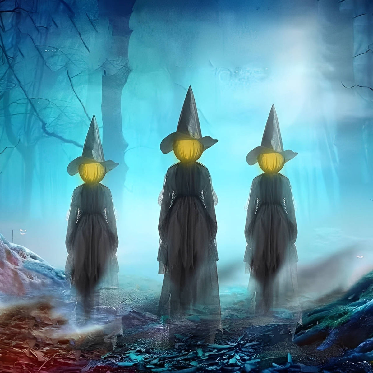 Three hand-holding Halloween witch decorations with glowing heads