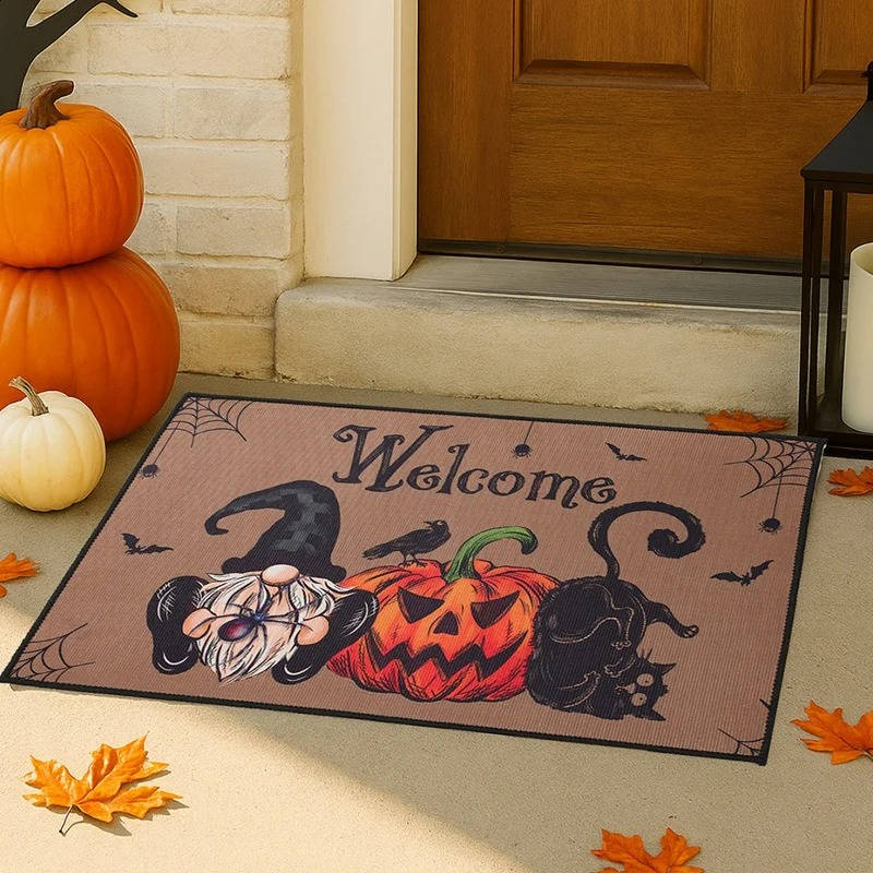 Spooky doormat greeting trick-or-treaters at the door