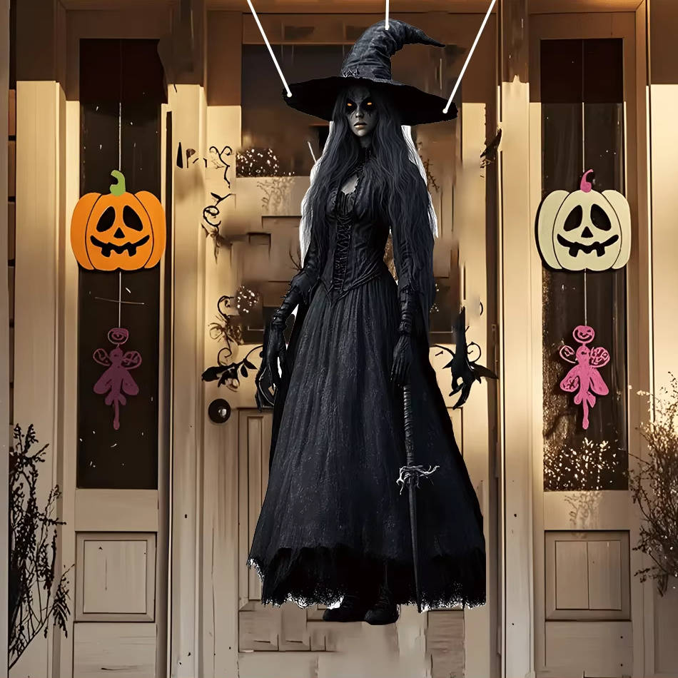 Halloween hanging decoration swaying on a porch at night