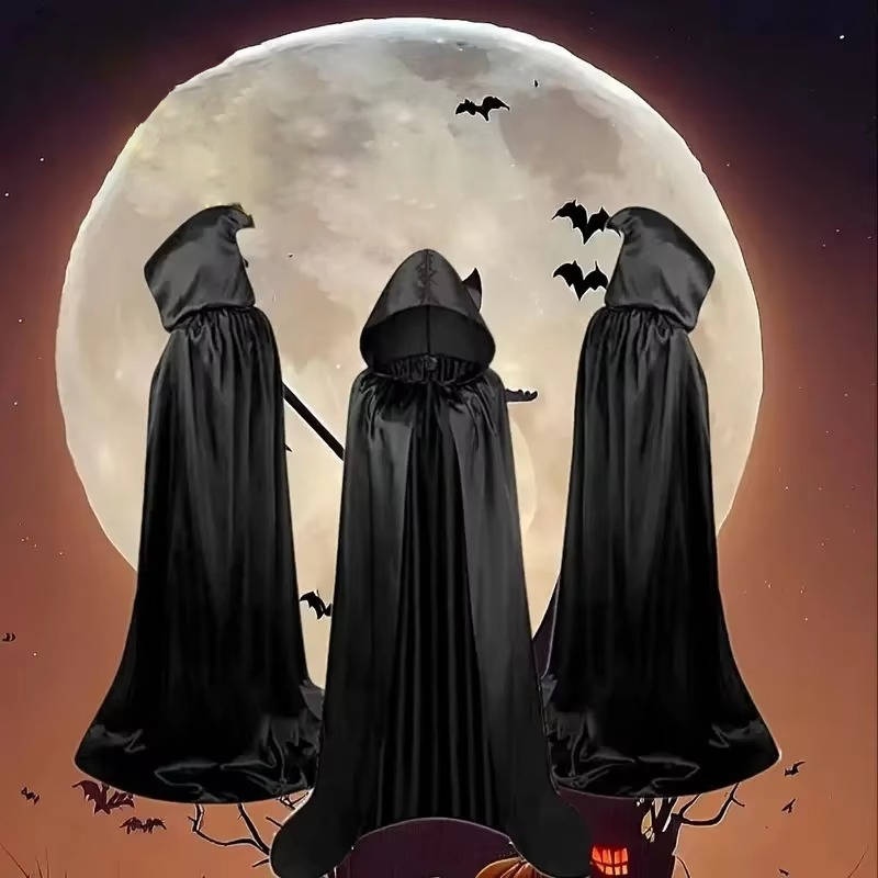 Hooded Horror Halloween Cape | Soft Polyester With Deep Drawstring Hood | Black Or Purple, 51 To 67 In Lengths