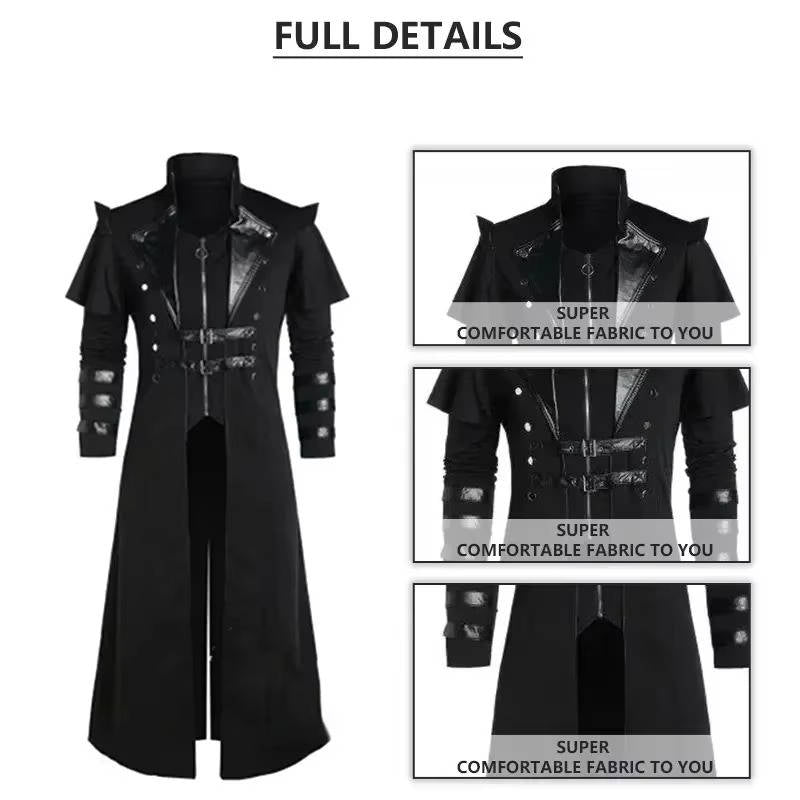 Mens Gothic Victorian Halloween Jacket | Polyester With Faux Leather Trim and 2 Inner Pockets | Black or Gray, S to 5XL