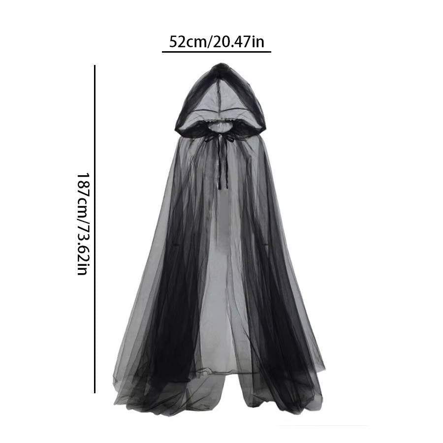 Hooded Witch Cape Halloween Costume | Layered Black Tulle With Dramatic Hood | One Size, Trim To Length, Machine Wash