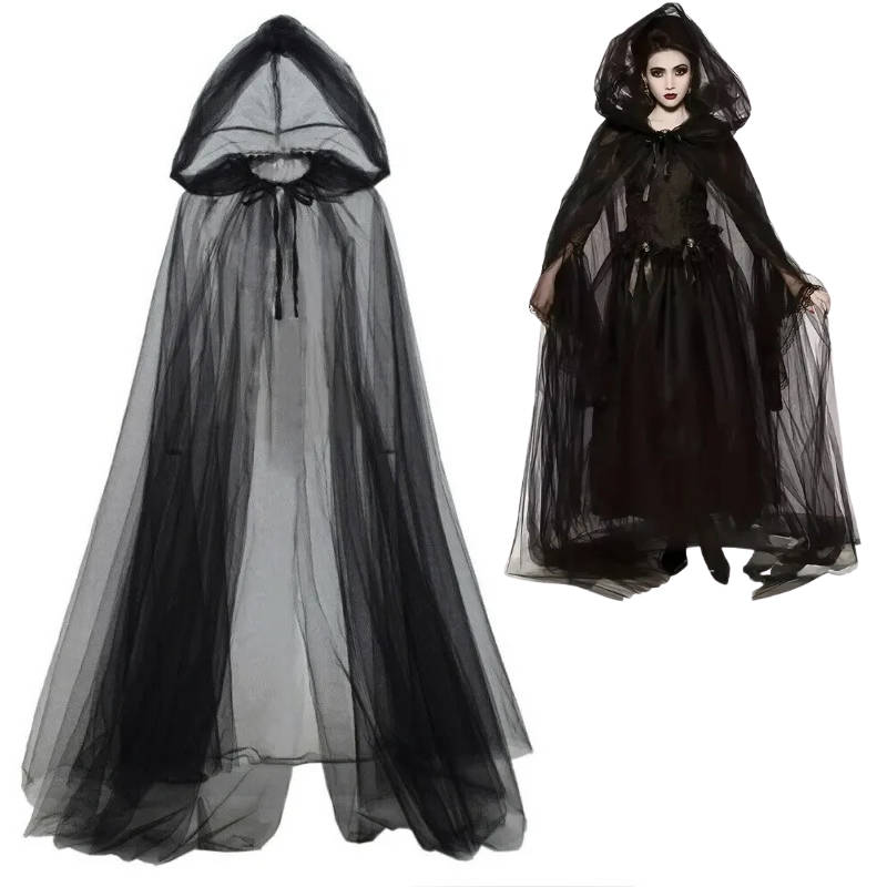 Hooded Witch Cape Halloween Costume | Layered Black Tulle With Dramatic Hood | One Size, Trim To Length, Machine Wash