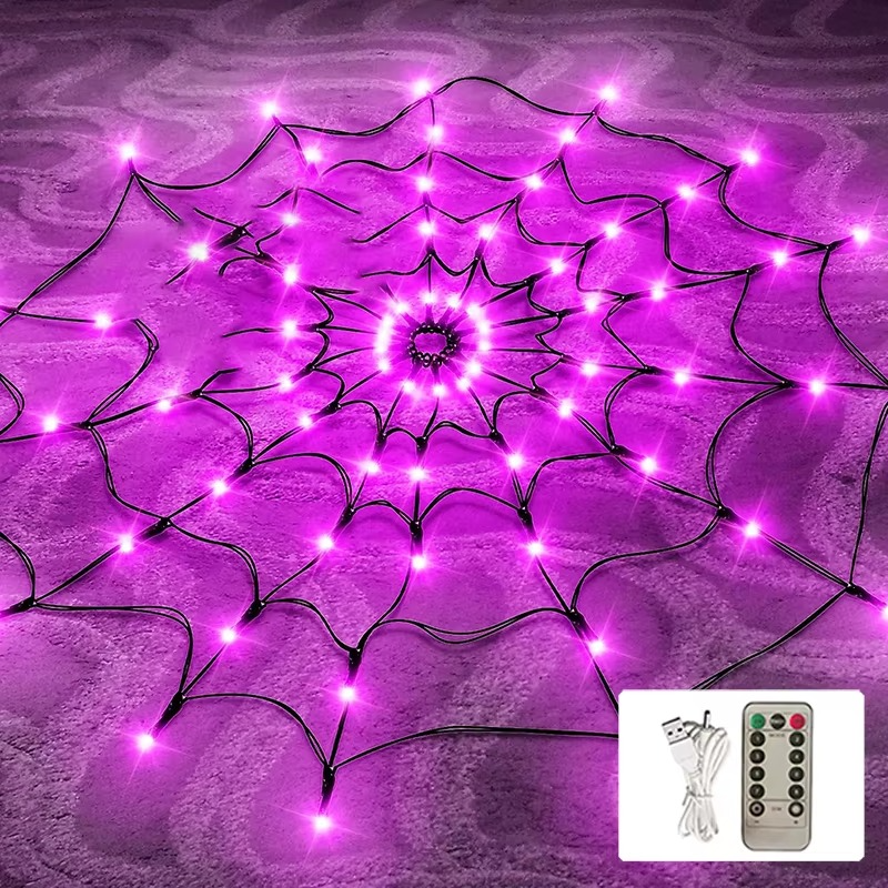 Purple LED Halloween spider web light hung over a doorway