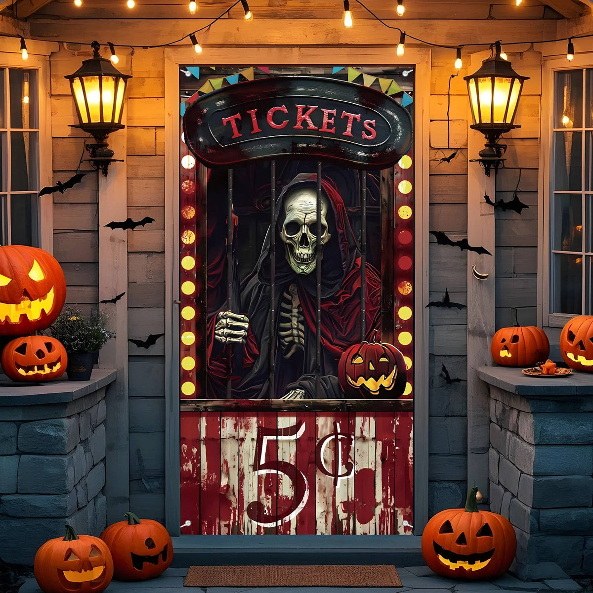 Halloween door cover with evil circus design hung on a front door