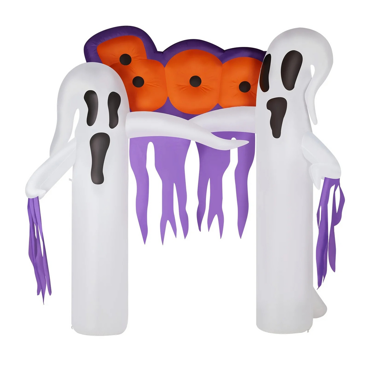 Inflatable clown archway glowing with internal LED lights at night
