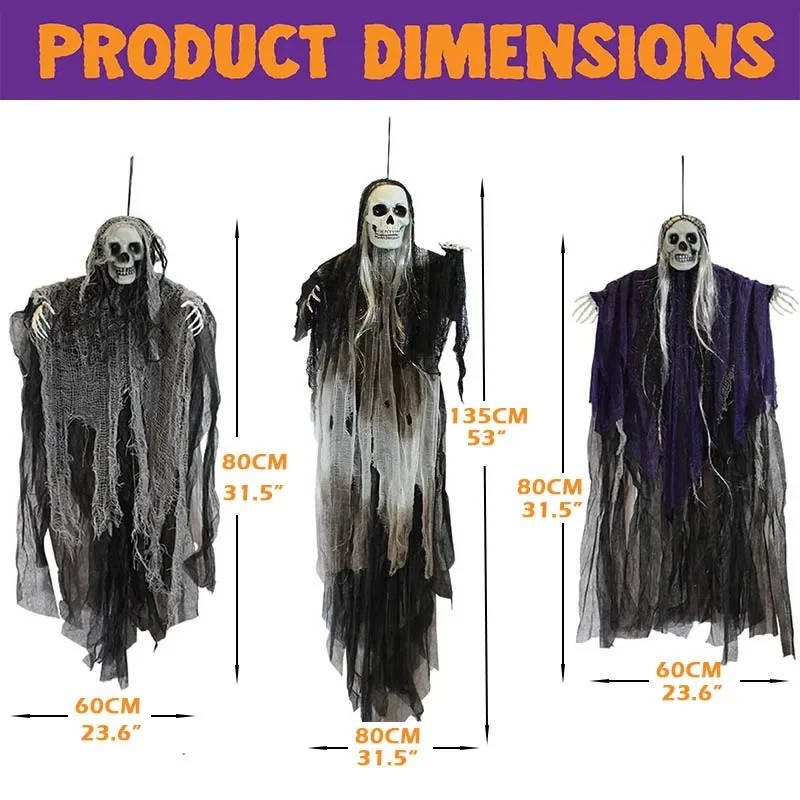 Three hanging reaper figures displayed together in a dim indoor hallway