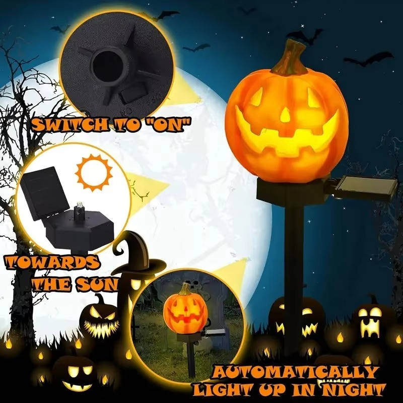 Pumpkin shaped solar lights lighting a garden path for Halloween