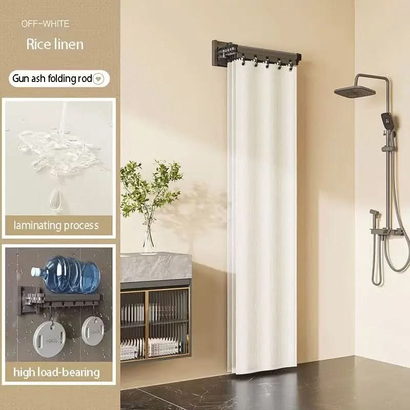 Foldable Shower Curtain Rod Partition Set | Waterproof Fabric | Gray & White Rack Options | Wet-Dry Bathroom Divider