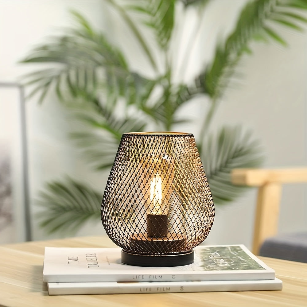 Metal Cage Table Lanterns, Set of 2 | Warm Night Light Glow for the Living Room or Terrace | Matte Black