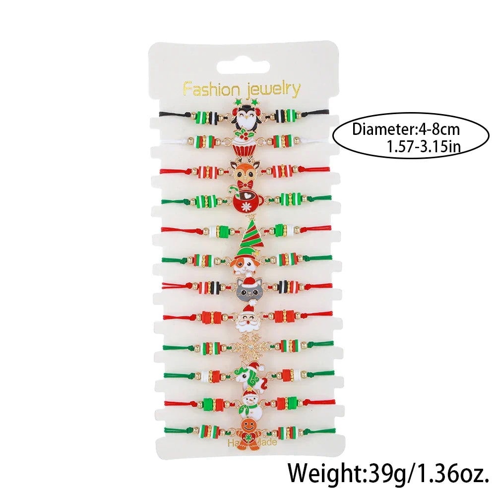 Christmas Charm Bracelet Set of 12 | Adjustable Stackable Festive Jewelry | Rope Cord That Fits All Wrist Sizes
