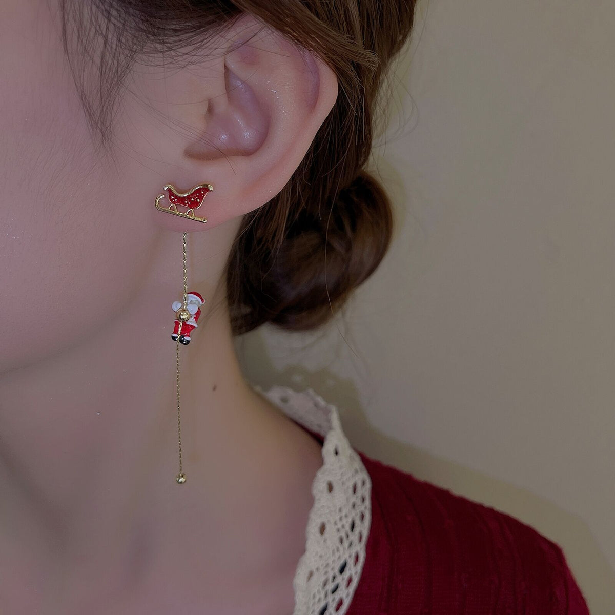 Santa Tassel Christmas Earrings with Tree or Snowflake Charm | Long 8 cm Dangle Festive Jewelry | Stainless Steel