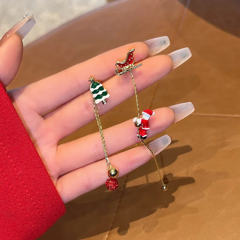 Santa Tassel Christmas Earrings with Tree or Snowflake Charm | Long 8 cm Dangle Festive Jewelry | Stainless Steel