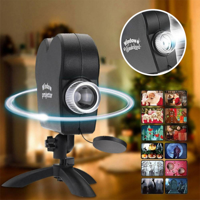 Christmas themed window projection from the seasonal projector