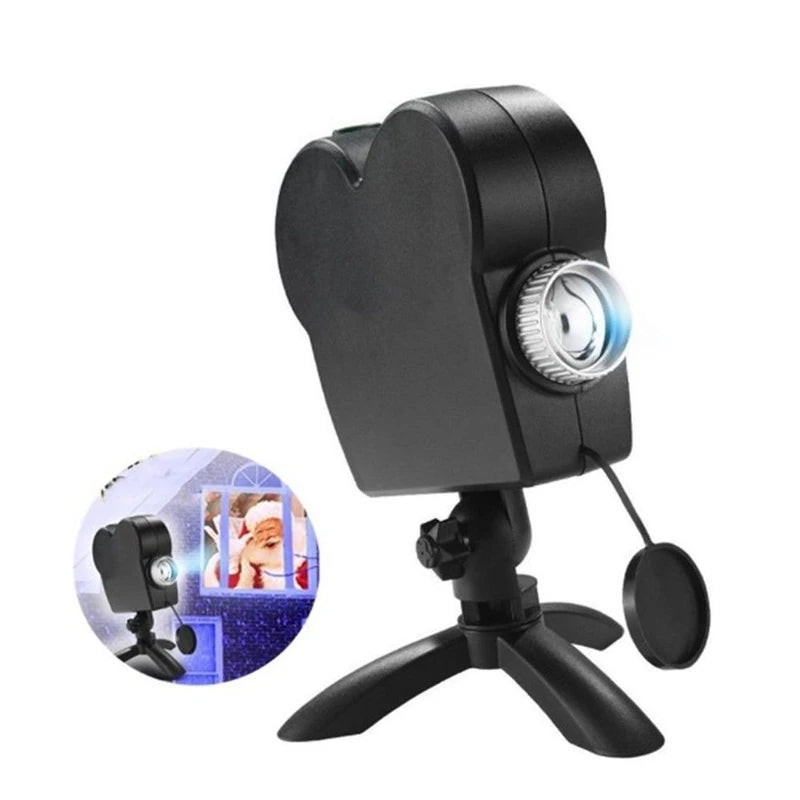 Black holiday window projector unit on its adjustable stand