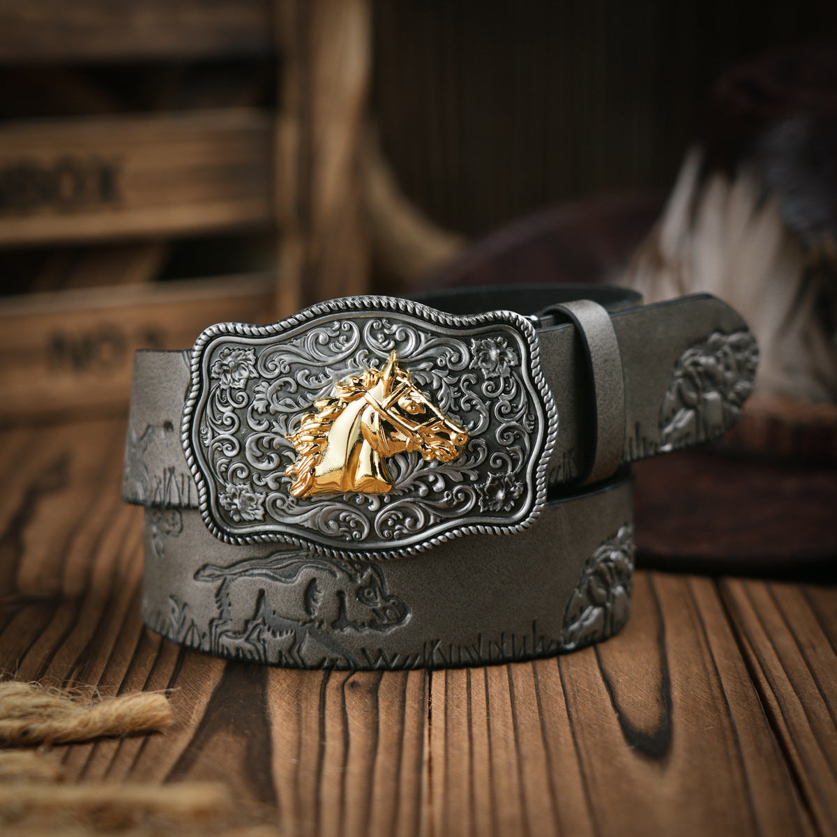 Western Style Belt for Him in Vegan Leather | Floral, Horse Head or Bull Buckle | Tooled Strap for Jeans and Chinos