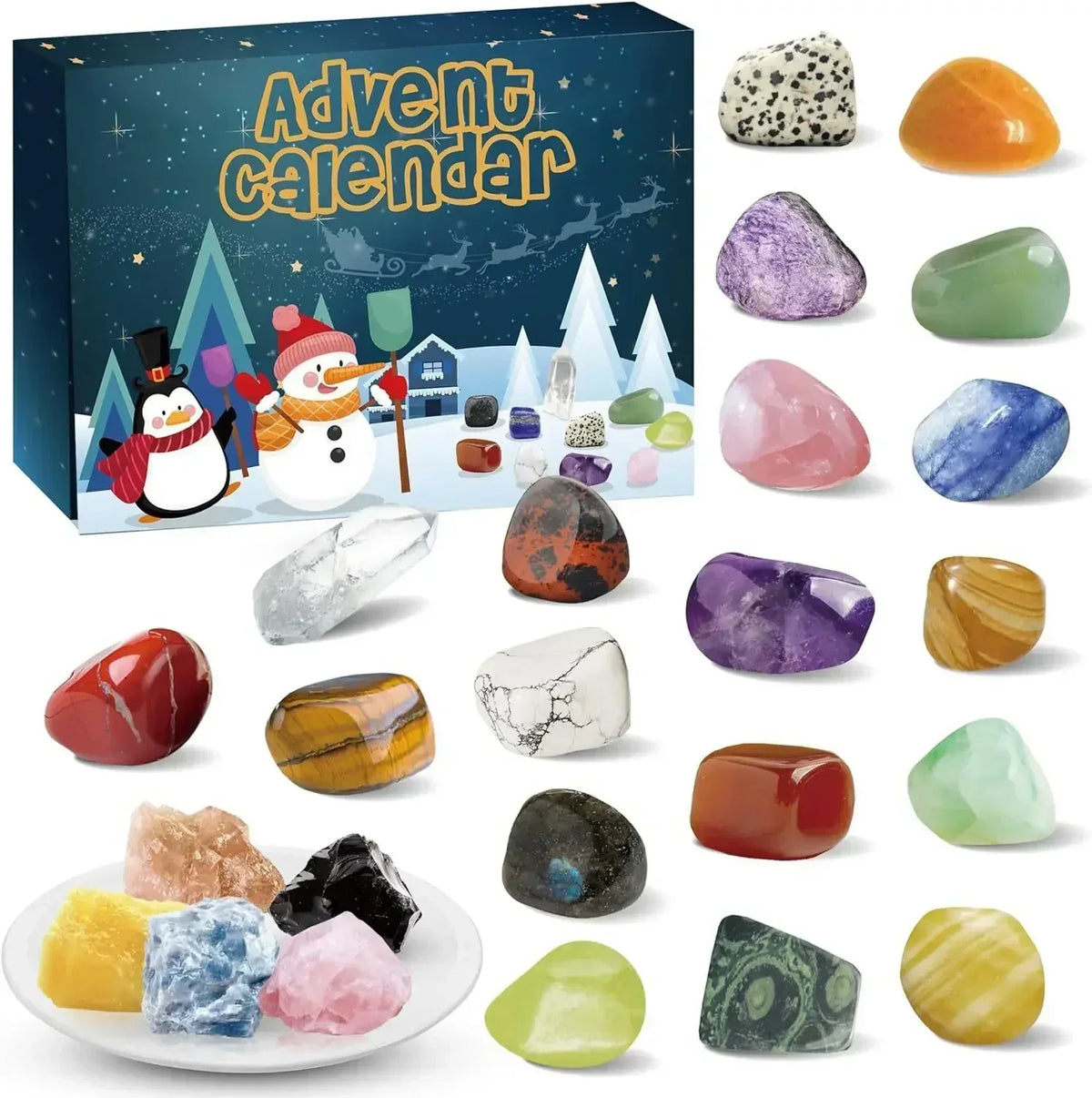 Gemstone Advent Calendar for Kids with 24 Crystals | Christmas Countdown in Four Designs | Educational Xmas Gift