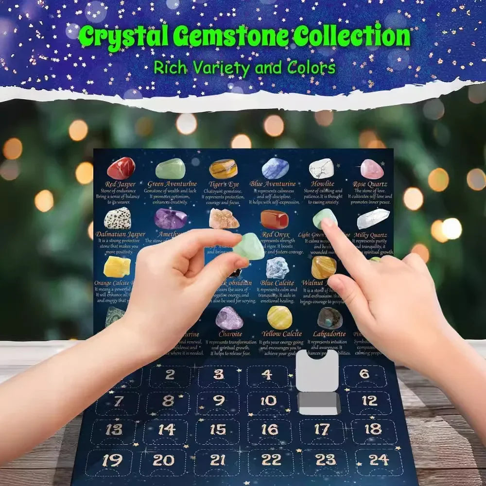 Gemstone Advent Calendar for Kids with 24 Crystals | Christmas Countdown in Four Designs | Educational Xmas Gift