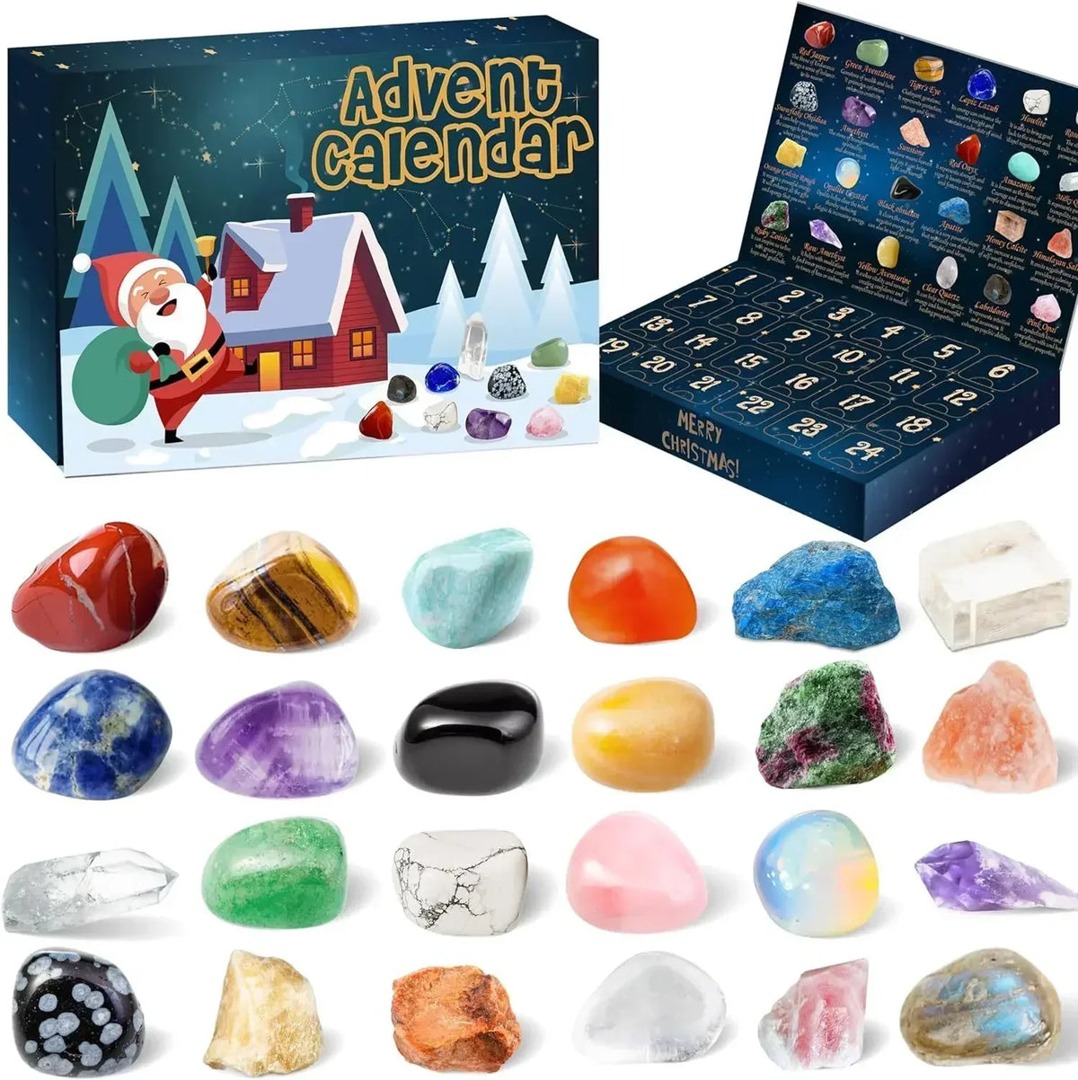 Gemstone Advent Calendar for Kids with 24 Crystals | Christmas Countdown in Four Designs | Educational Xmas Gift