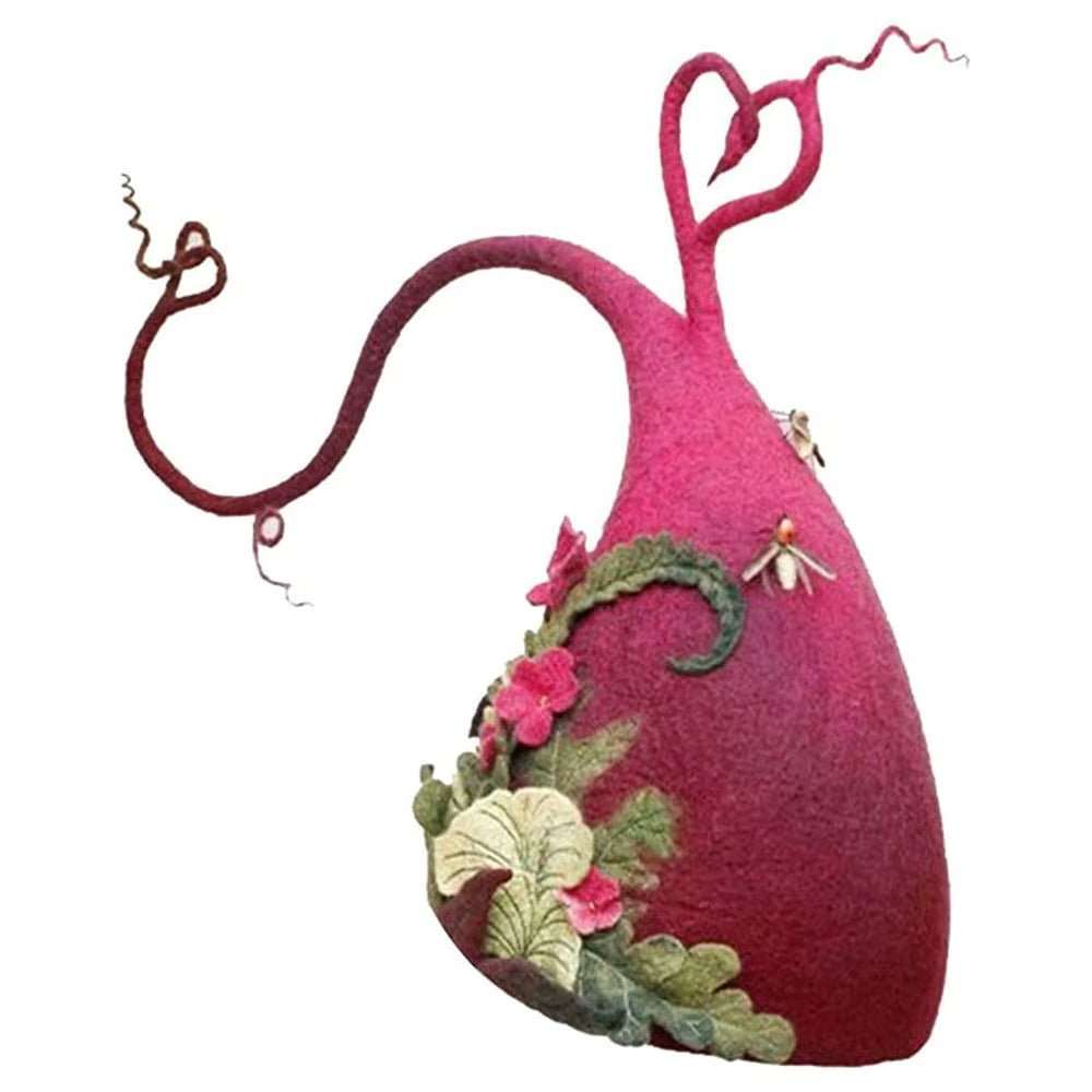 Handmade felted witch hat in pink merino wool and silk chiffon