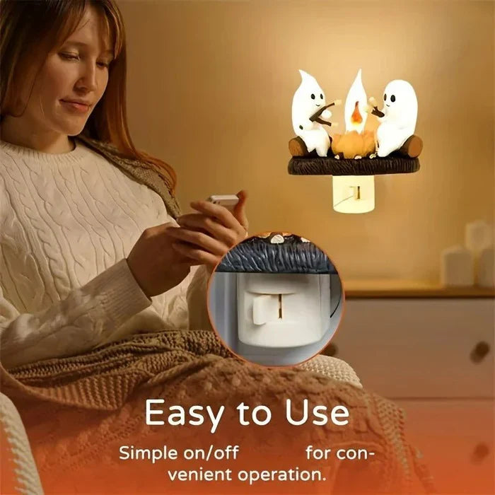 Close-up of the ghost figure above the flickering campfire light