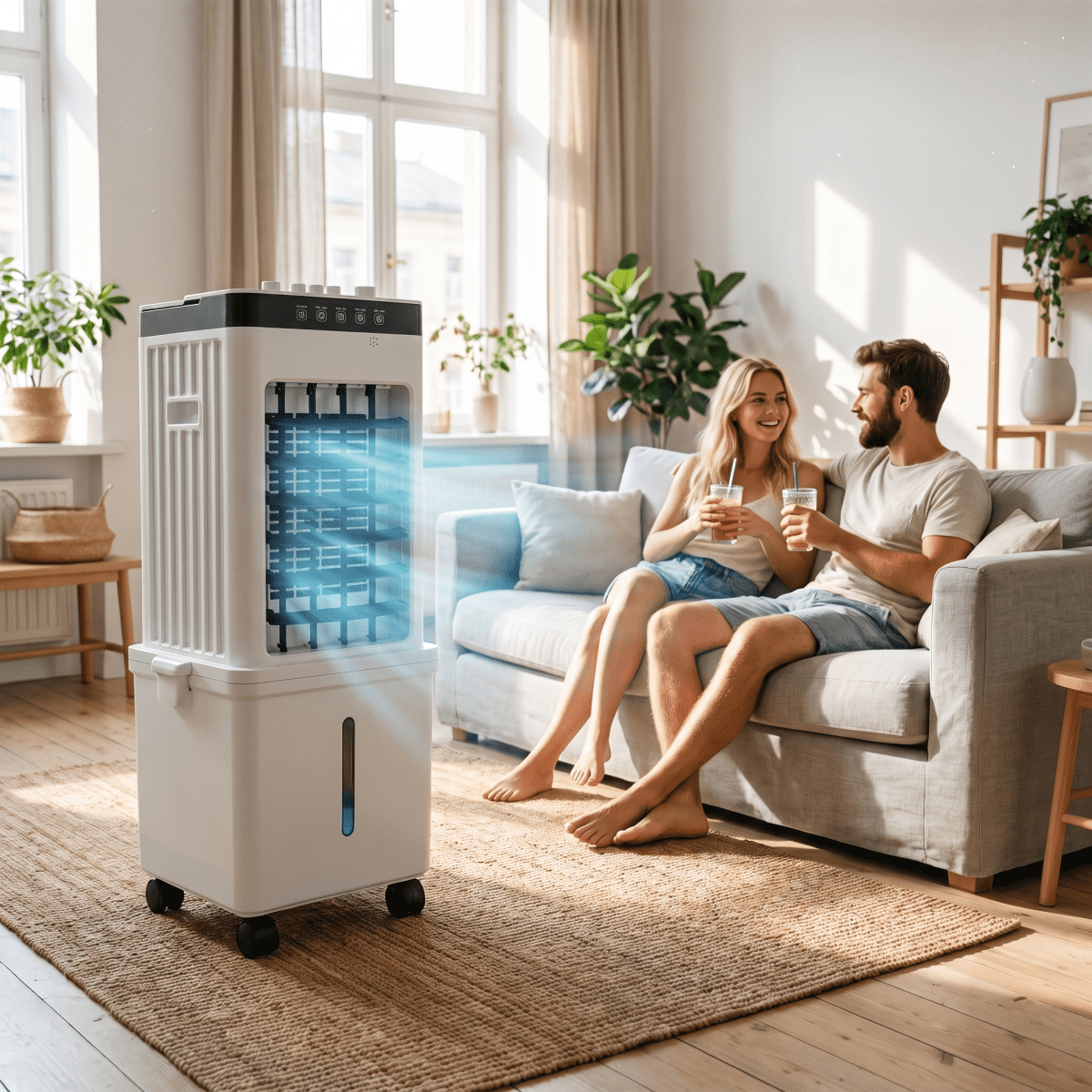 3-in-1 Mobile Air Cooler with Fan & Humidifier | No Exhaust Hose, Rolling Wheels | Ice-Compatible Water Tank